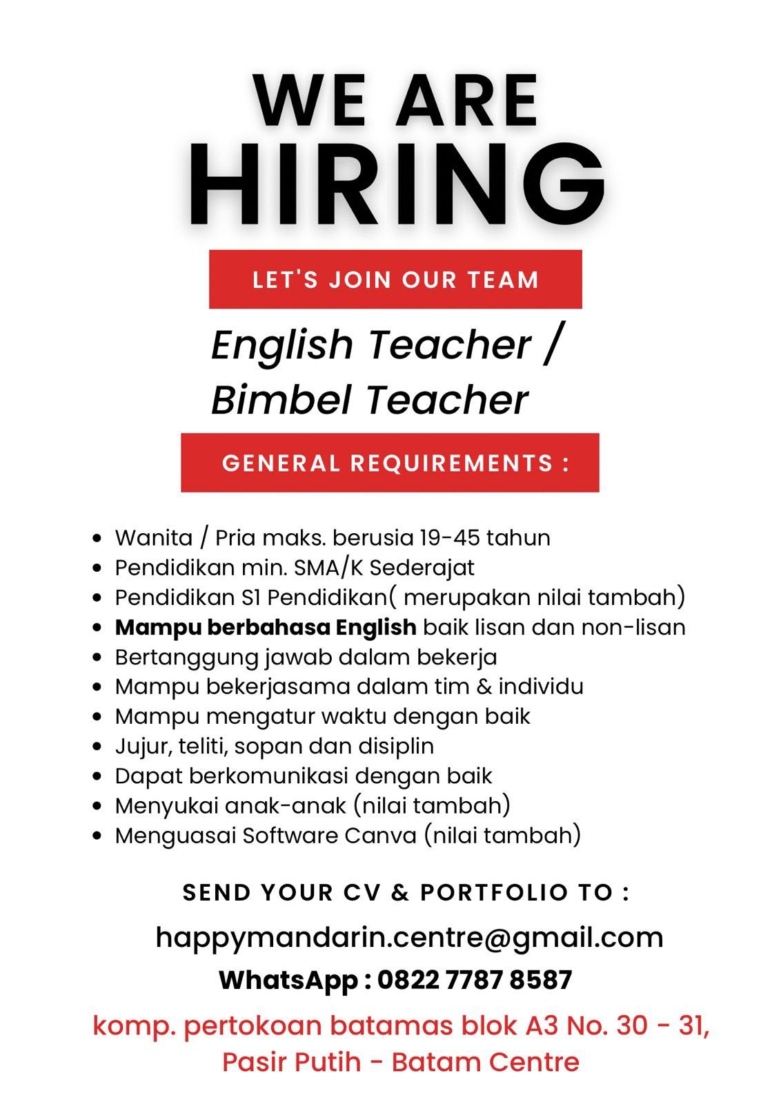 Lowongan Kerja: English Teacher / Bimbel Teacher di Happy Mandarin Centre